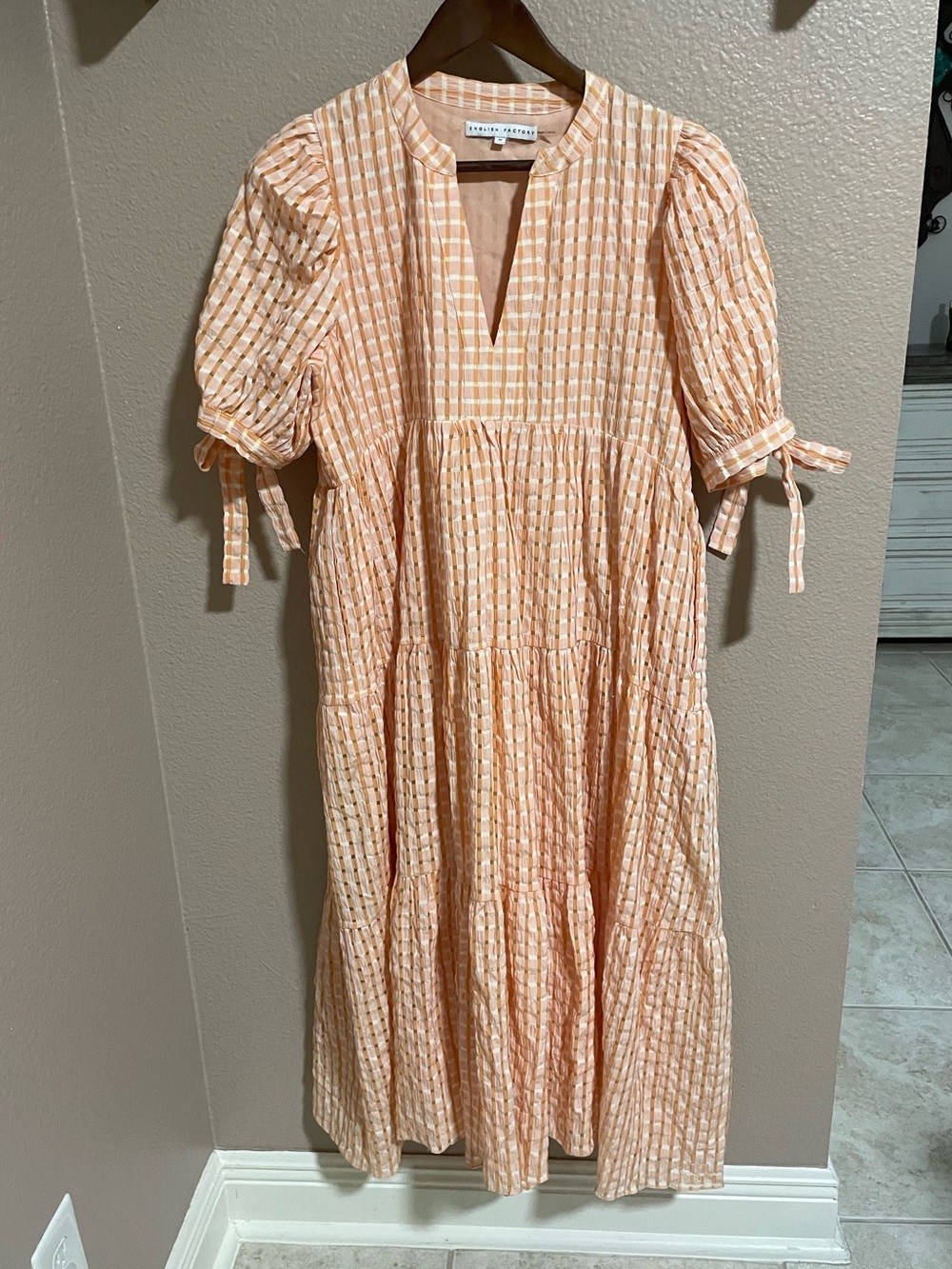 English Factory Peach Gingham Tiered Midi Dress with Puff Sleeves
